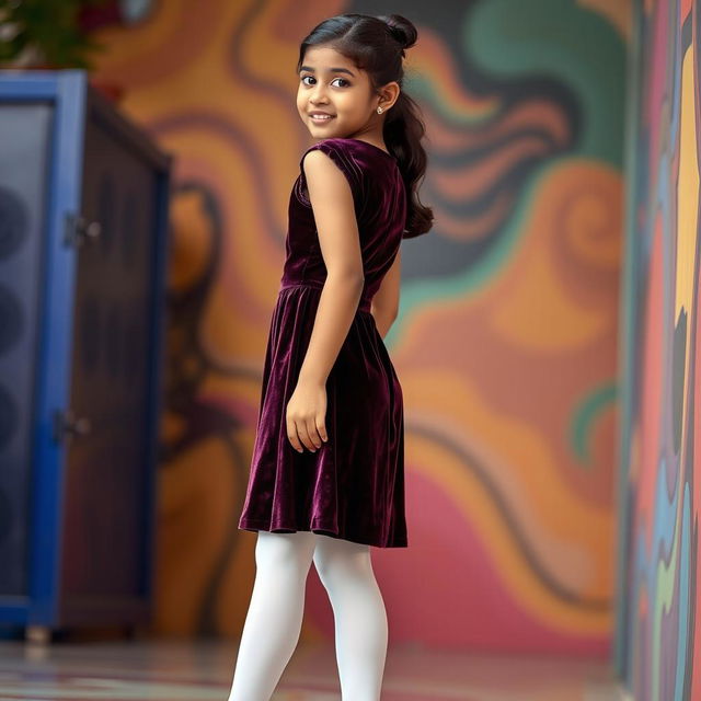 A young Indian girl gracefully wearing a stylish velvet dress that enhances her silhouette, paired with white stockings