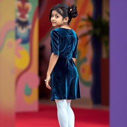 A young Indian girl gracefully wearing a stylish velvet dress that enhances her silhouette, paired with white stockings