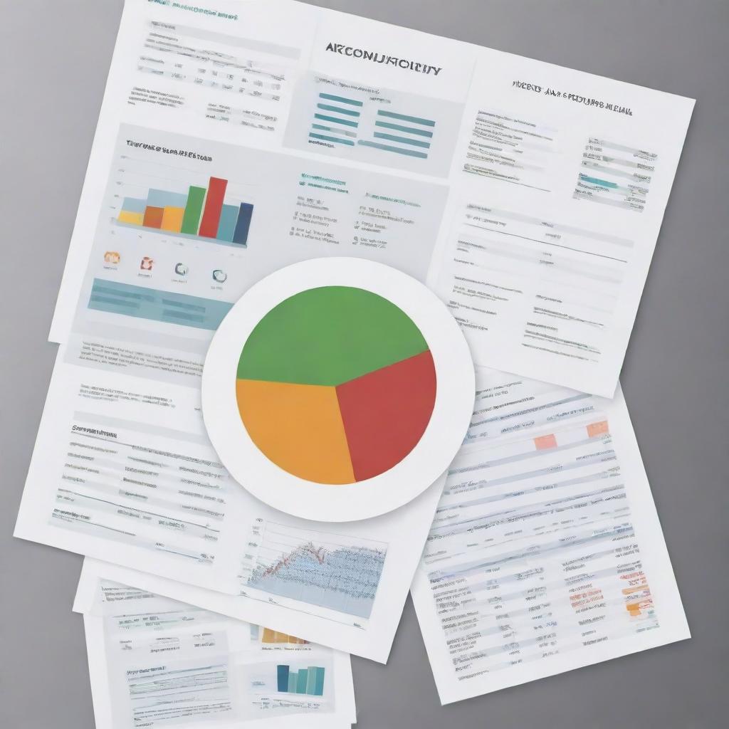 Create an informative and visually appealing poster encompassing the theme of accounting. Incorporate elements such as calculators, spreadsheets, pie-charts, and financial symbols intertwined with aesthetically pleasing graphics.