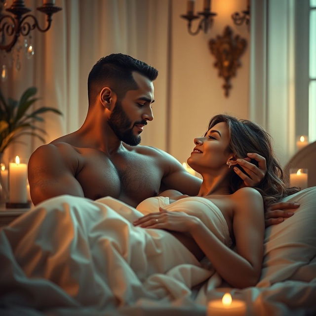 A powerful and confident man in a sensual and romantic atmosphere, with soft lighting and elegant decor