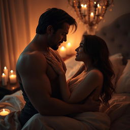 A powerful and confident man in a sensual and romantic atmosphere, with soft lighting and elegant decor