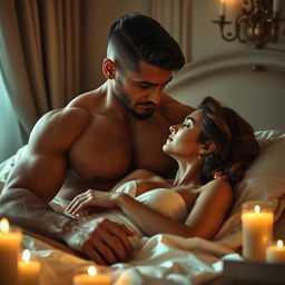 A powerful and confident man in a sensual and romantic atmosphere, with soft lighting and elegant decor