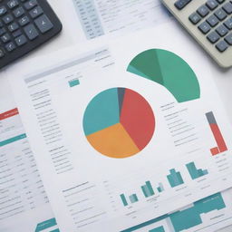 Create an informative and visually appealing poster encompassing the theme of accounting. Incorporate elements such as calculators, spreadsheets, pie-charts, and financial symbols intertwined with aesthetically pleasing graphics.