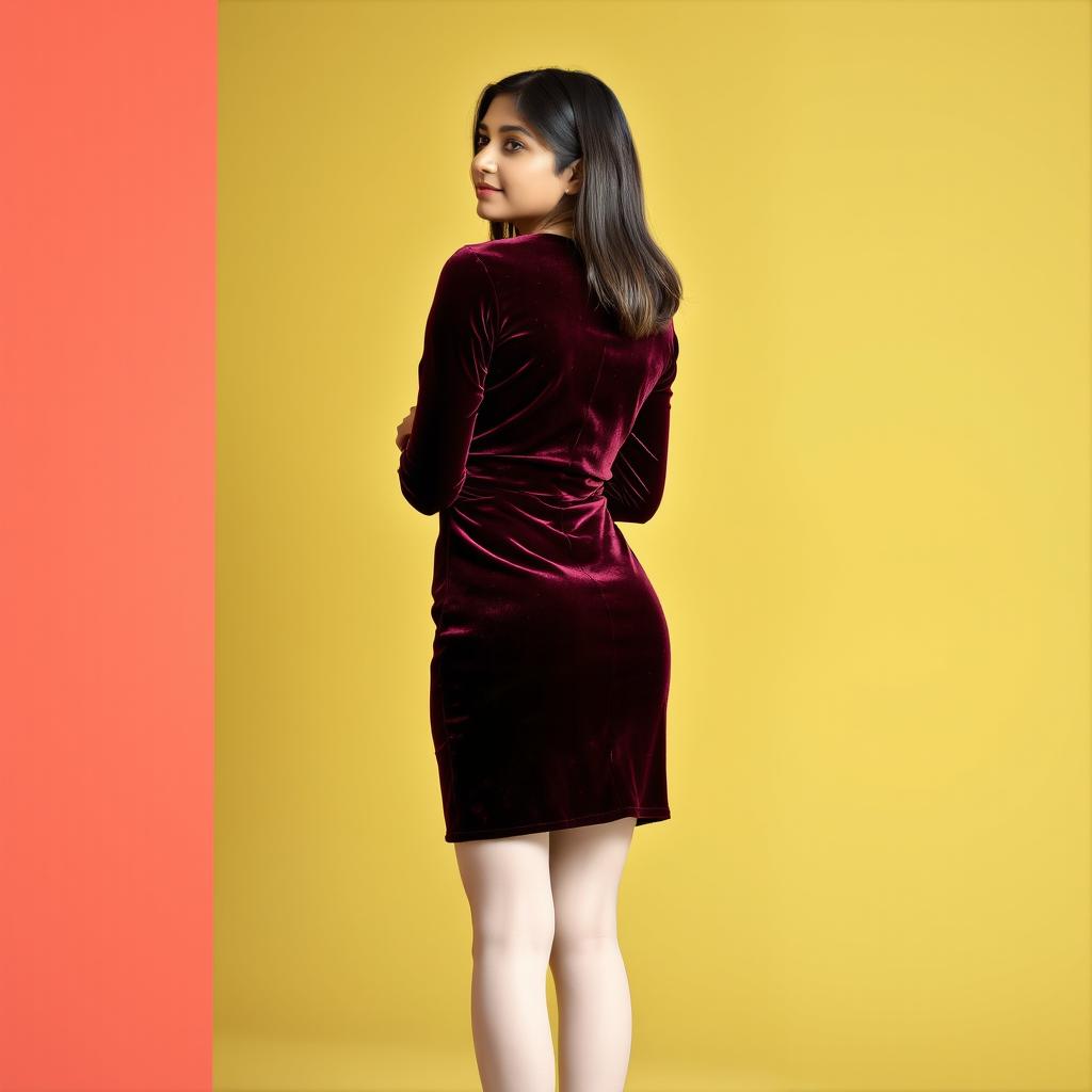 A 20-year-old Indian girl exuding grace, wearing a chic velvet dress that elegantly contours her body