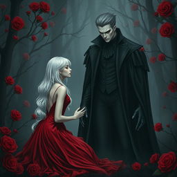 A graceful girl with white hair kneels in front of a male vampire, both possessing refined, chiseled features and cold expressions