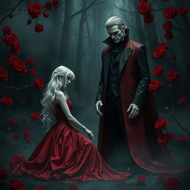 A graceful girl with white hair kneels in front of a male vampire, both possessing refined, chiseled features and cold expressions