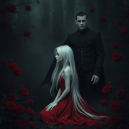 A graceful girl with white hair kneels in front of a male vampire, both possessing refined, chiseled features and cold expressions