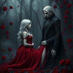 A graceful girl with white hair kneels in front of a male vampire, both possessing refined, chiseled features and cold expressions