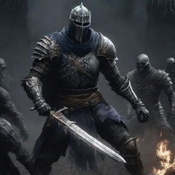 Artorias, a feared knight from Dark Souls, bravely battling against imposing black skeletons in a tight, square composition.