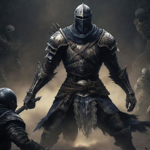 Artorias, a feared knight from Dark Souls, bravely battling against imposing black skeletons in a tight, square composition.