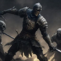 Artorias, a feared knight from Dark Souls, bravely battling against imposing black skeletons in a tight, square composition.