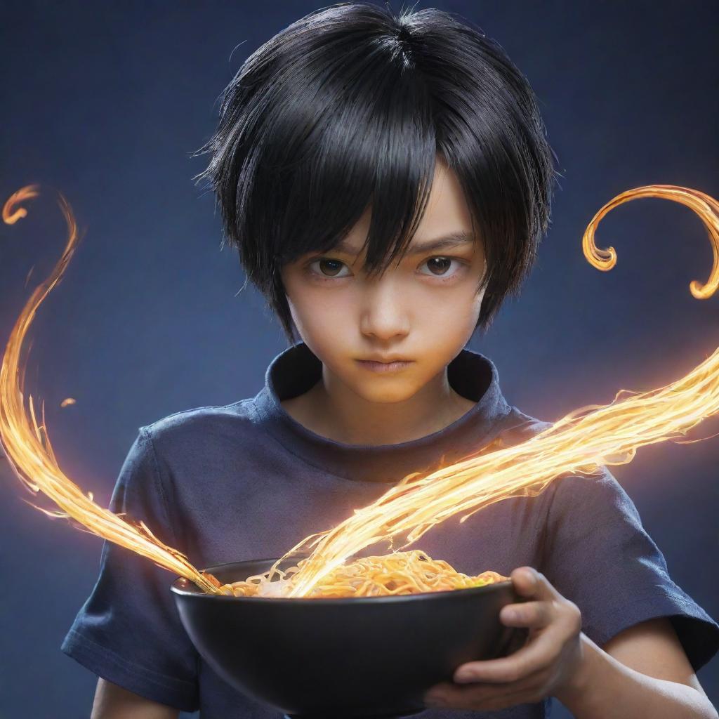 A supremely epic depiction of a 12-year-old Mobile Legends hero named Hadid. Featuring his distinctive black bowl haircut, his unusual noodle weapon, and an intense aura of power.