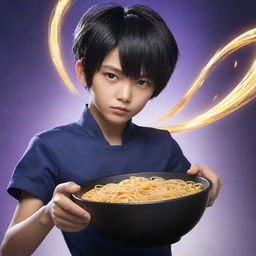 A supremely epic depiction of a 12-year-old Mobile Legends hero named Hadid. Featuring his distinctive black bowl haircut, his unusual noodle weapon, and an intense aura of power.