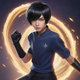 A supremely epic depiction of a 12-year-old Mobile Legends hero named Hadid. Featuring his distinctive black bowl haircut, his unusual noodle weapon, and an intense aura of power.