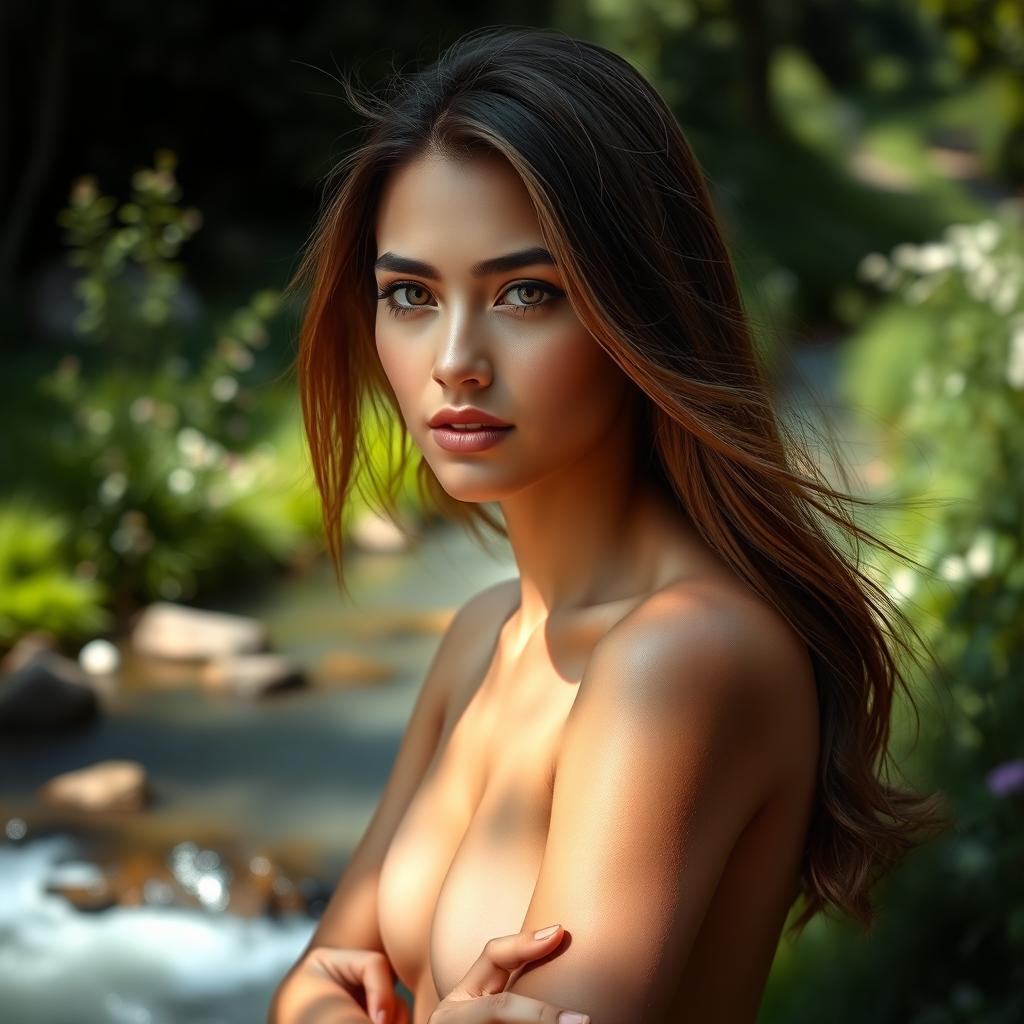 An artistic portrayal of a beautiful young woman, standing confidently in a serene natural setting