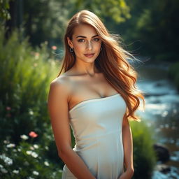 An artistic portrayal of a beautiful young woman, standing confidently in a serene natural setting