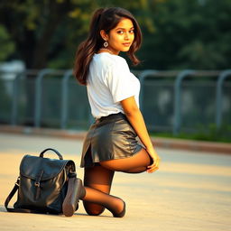 A 16-year-old Indian girl dressed in a trendy college outfit, kneeling down gracefully with her back to the viewer