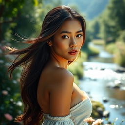 An artistic portrayal of a beautiful young woman, standing confidently in a serene natural setting