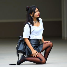 A 16-year-old Indian girl dressed in a trendy college outfit, kneeling down gracefully with her back to the viewer