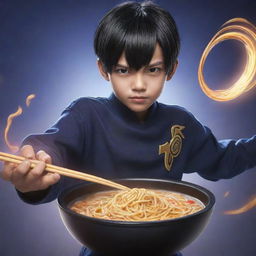 A supremely epic depiction of a 12-year-old Mobile Legends hero named Hadid. Featuring his distinctive black bowl haircut, his unusual noodle weapon, and an intense aura of power.