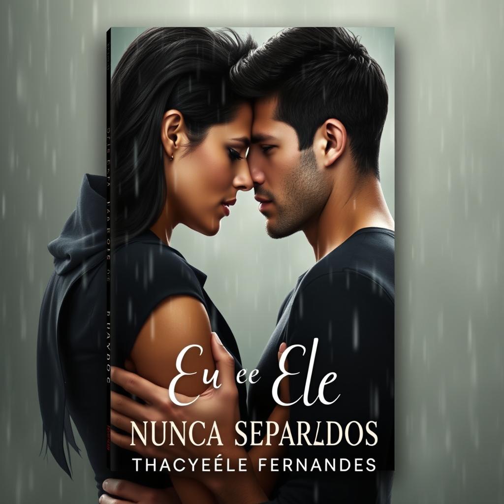 A romantic and suspenseful book cover featuring a tall, dark-haired man and a dark-haired woman with striking green eyes standing passionately in the rain