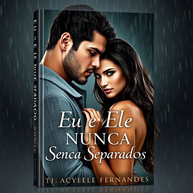 A romantic and suspenseful book cover featuring a tall, dark-haired man and a dark-haired woman with striking green eyes standing passionately in the rain