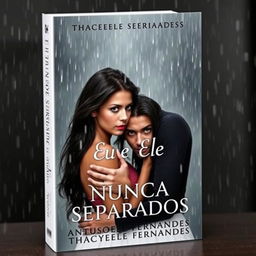 A romantic and suspenseful book cover featuring a tall, dark-haired man and a dark-haired woman with striking green eyes standing passionately in the rain