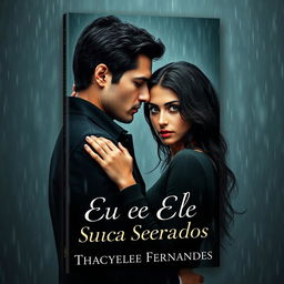 A romantic and suspenseful book cover featuring a tall, dark-haired man and a dark-haired woman with striking green eyes standing passionately in the rain