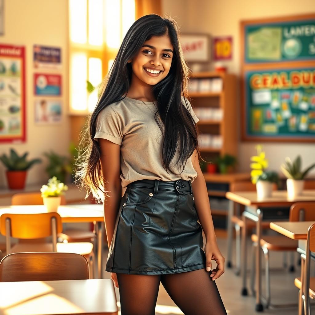 A cozy and inviting scene featuring a young Indian school girl, around 16 years old, dressed in a stylish leather mini skirt, a trendy t-shirt, and black stockings