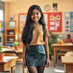 A cozy and inviting scene featuring a young Indian school girl, around 16 years old, dressed in a stylish leather mini skirt, a trendy t-shirt, and black stockings