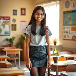 A cozy and inviting scene featuring a young Indian school girl, around 16 years old, dressed in a stylish leather mini skirt, a trendy t-shirt, and black stockings