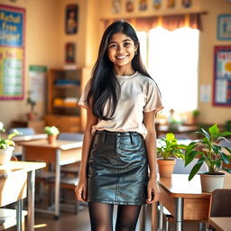 A cozy and inviting scene featuring a young Indian school girl, around 16 years old, dressed in a stylish leather mini skirt, a trendy t-shirt, and black stockings