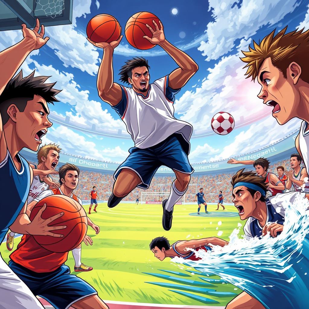 A dynamic action scene of athletes competing in various sports