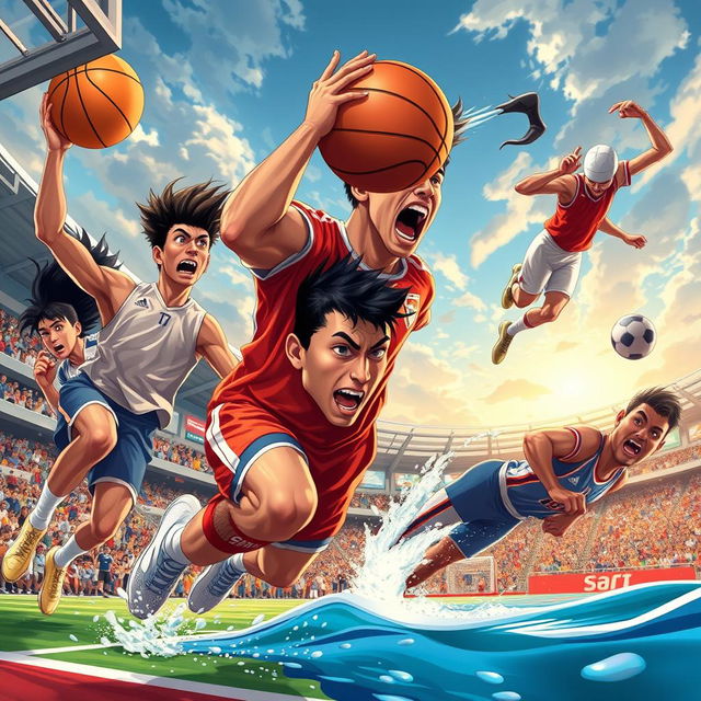 A dynamic action scene of athletes competing in various sports