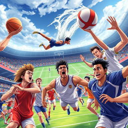 A dynamic action scene of athletes competing in various sports