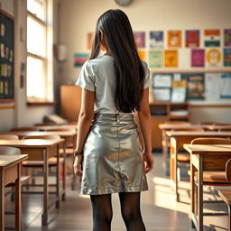 A cozy and inviting scene featuring a young Indian school girl, aged 18, wearing a stylish silver leather mini skirt, a trendy t-shirt, and black stockings with heeled shoes