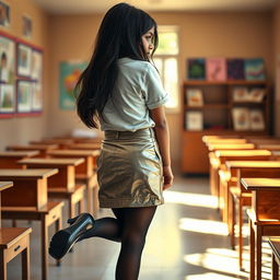 A cozy and inviting scene featuring a young Indian school girl, aged 18, wearing a stylish silver leather mini skirt, a trendy t-shirt, and black stockings with heeled shoes