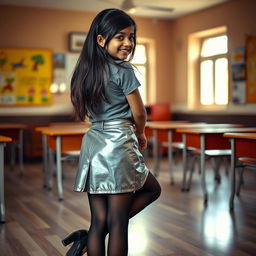 A cozy and inviting scene featuring a young Indian school girl, aged 18, wearing a stylish silver leather mini skirt, a trendy t-shirt, and black stockings with heeled shoes