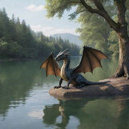 A two-winged, two-legged dragon drinking water from a lake surrounded by trees.