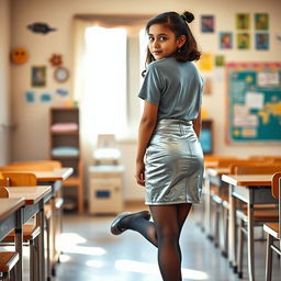 A cozy and inviting scene featuring a young Indian school girl, aged 18, wearing a stylish silver leather mini skirt, a trendy t-shirt, and black stockings with heeled shoes