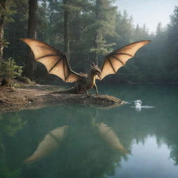 A two-winged, two-legged dragon drinking water from a lake surrounded by trees.