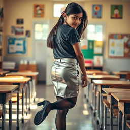 A cozy and inviting scene featuring a young Indian school girl, aged 18, wearing a stylish silver leather mini skirt, a trendy t-shirt, and black stockings with heeled shoes