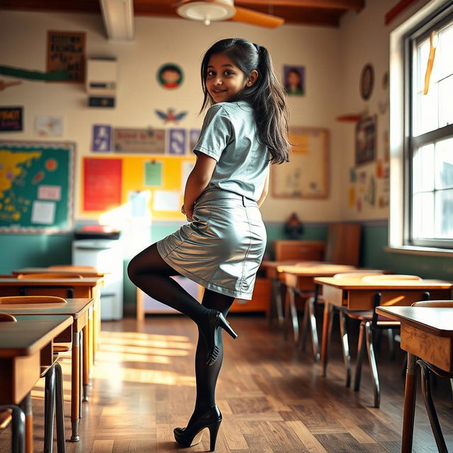 A cozy and inviting scene featuring a young Indian school girl, aged 18, wearing a stylish silver leather mini skirt, a trendy t-shirt, and black stockings with heeled shoes