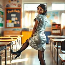 A cozy and inviting scene featuring a young Indian school girl, aged 18, wearing a stylish silver leather mini skirt, a trendy t-shirt, and black stockings with heeled shoes