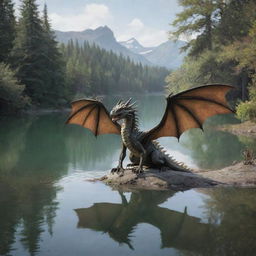 A two-winged, two-legged dragon drinking water from a lake surrounded by trees.