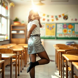 A cozy and inviting scene featuring a young Indian school girl, aged 18, wearing a stylish silver leather mini skirt, a trendy t-shirt, and black stockings with heeled shoes