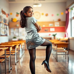 A cozy and inviting scene featuring a young Indian school girl, aged 18, wearing a stylish silver leather mini skirt, a trendy t-shirt, and black stockings with heeled shoes