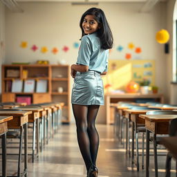 A cozy and inviting scene featuring a young Indian school girl, aged 18, wearing a stylish silver leather mini skirt, a trendy t-shirt, and black stockings with heeled shoes