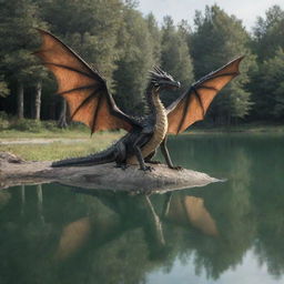 A two-winged, two-legged dragon drinking water from a lake surrounded by trees.