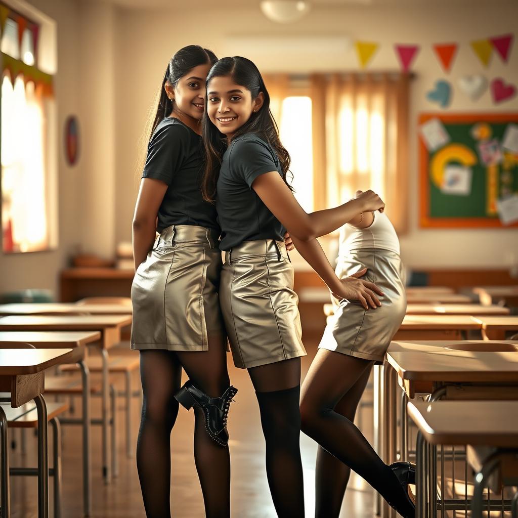 A cozy and inviting scene featuring two young Indian school girls, both aged 18, dressed in stylish silver leather mini skirts, trendy t-shirts, and black stockings with heeled shoes